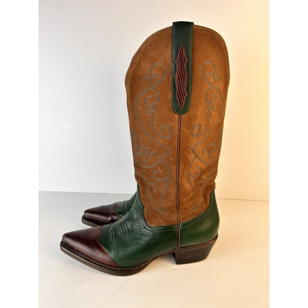 Nine West Vintage Women 7 Western Boots Used Green And Camel Cowgirl - Picture 4 of 10